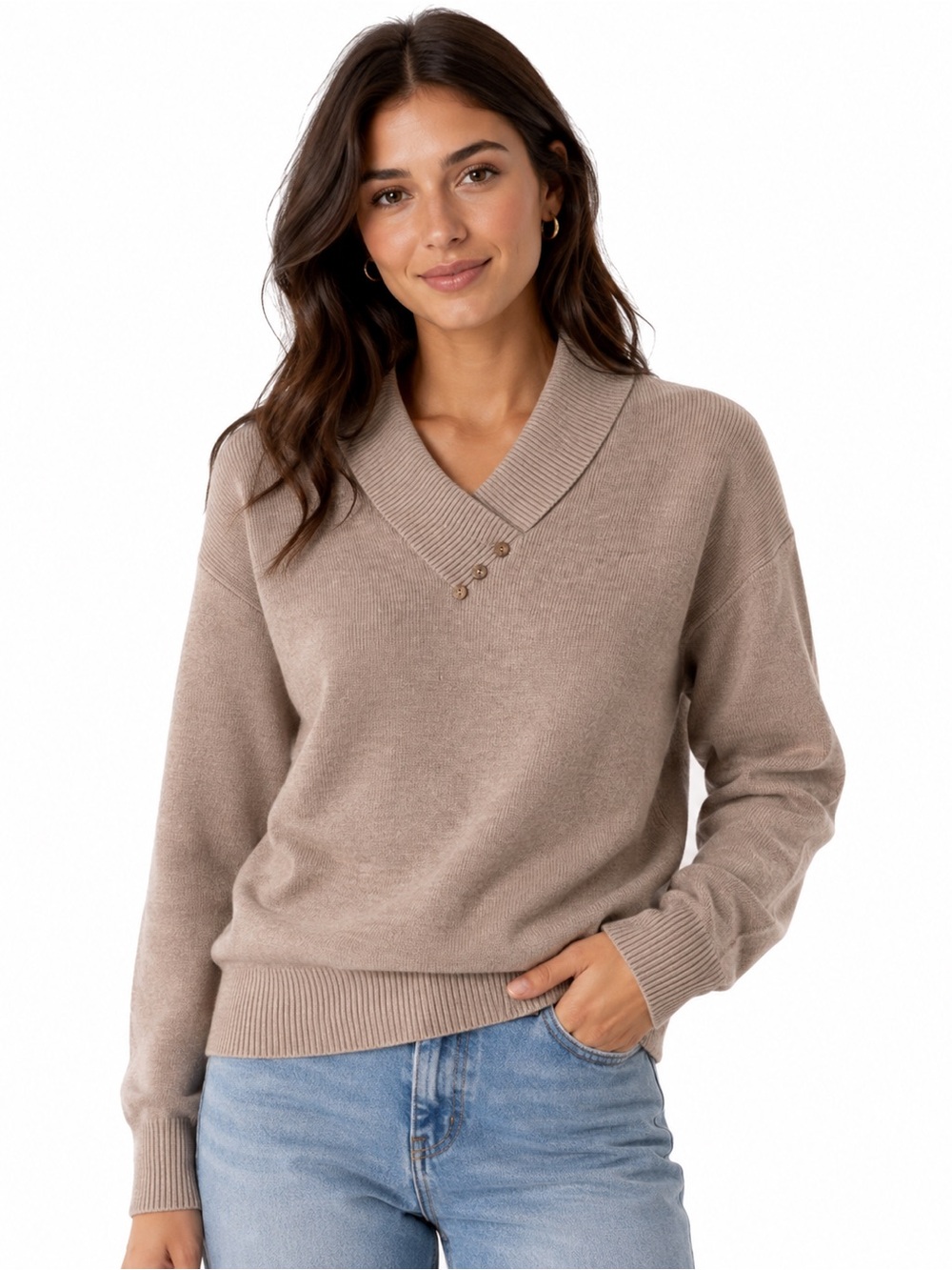 Grace Karin Taupe V-Neck Shawl Collar Sweater